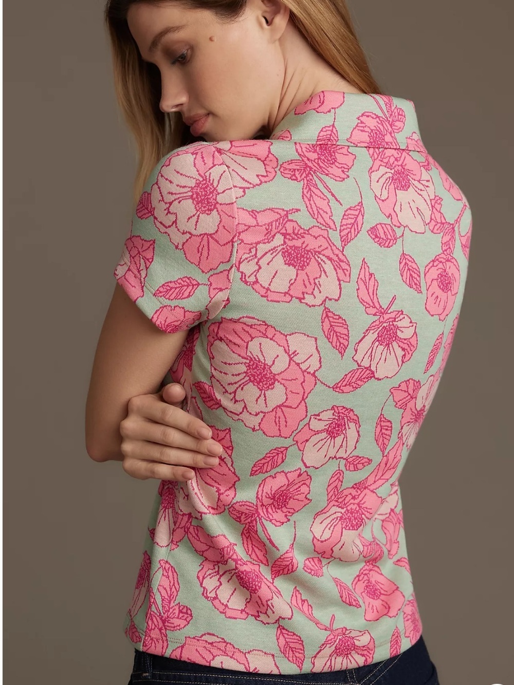 Maeve by Anthropologie Floral Jacquard Zip-Up Polo Top | Pink & Mint | Size S - Picture 6 of 9